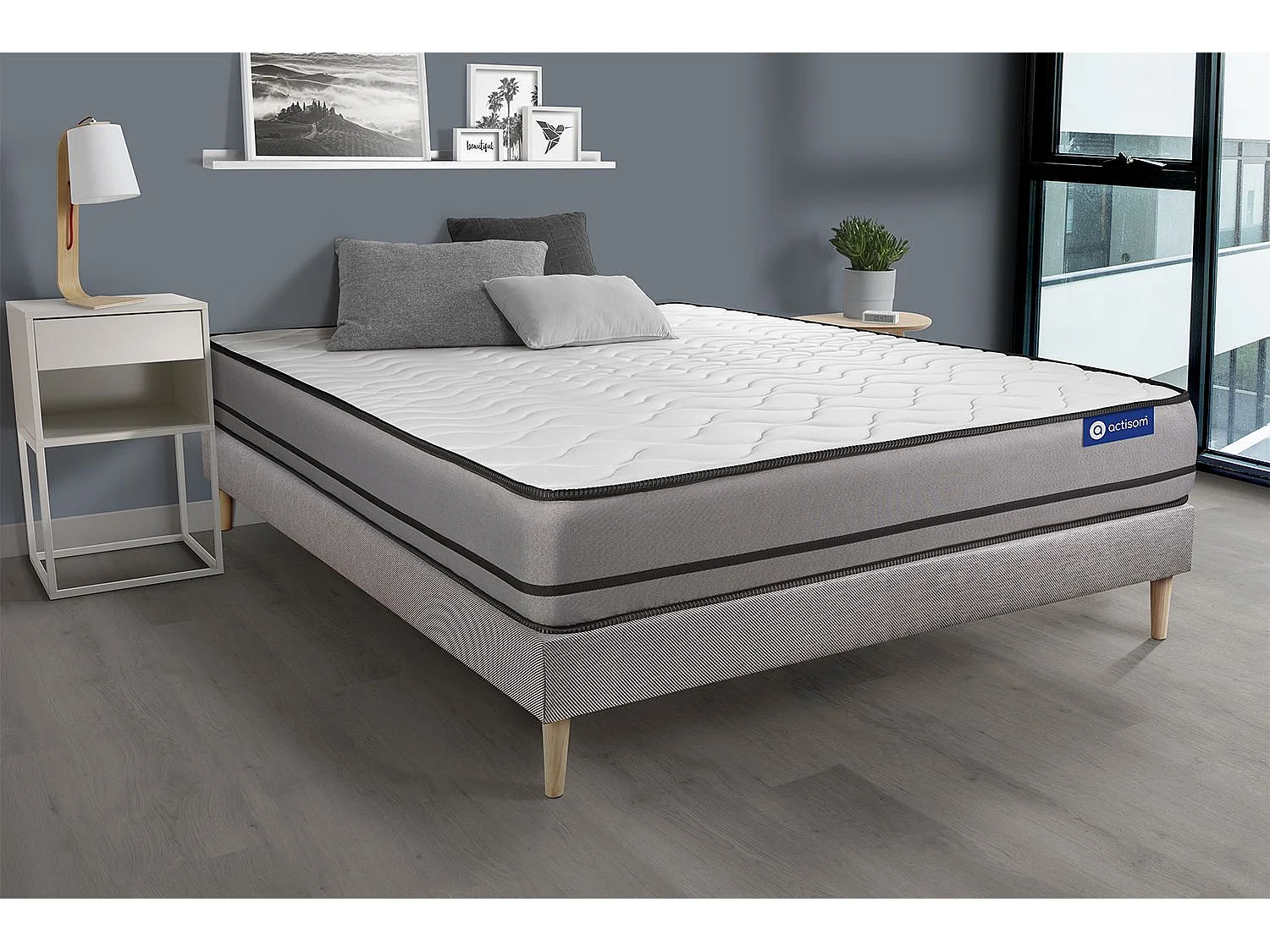 Ensemble matelas ACTIFLEX NIGHT 90x190cm RESSORTS ENSACHES 3zones de confort + sommier KIT gris