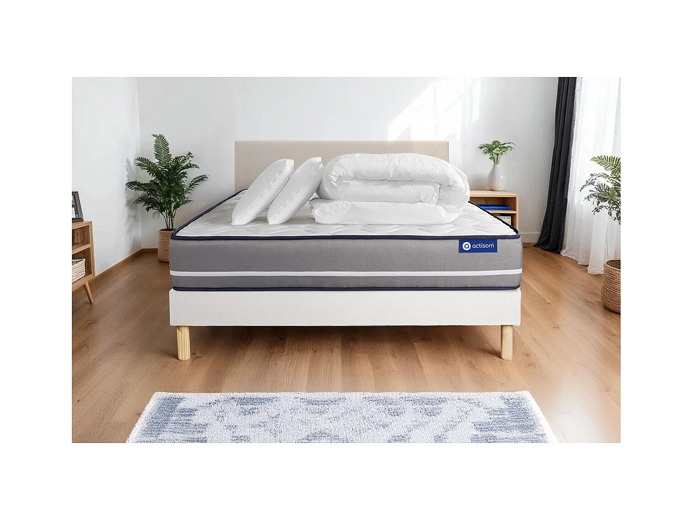 Pack prêt à dormir matelas Ressorts ensachés ACTIFLEX PUR 140x190 3zones de confort + sommier KIT blanc + 2 oreillers+couette