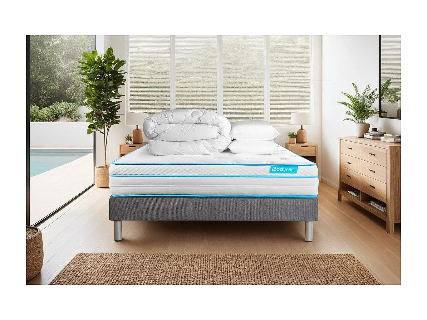 Pack 180x200 matelas BodyMax + sommier kit gris + Couette 260x240cm + 2 oreillers 60x40cm