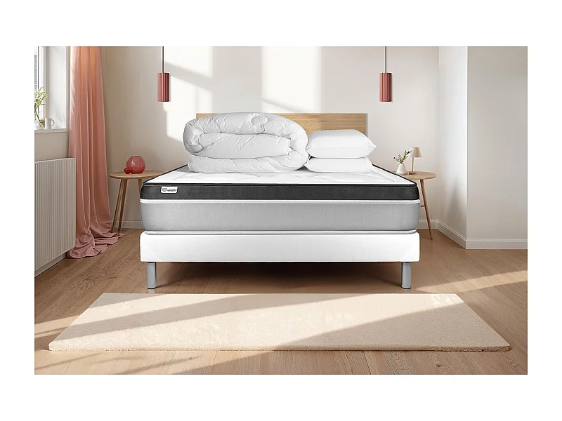 Pack cama completa - Colchón 160x200cm + Somier con láminas (en kit) + 2 almohadas + Edredón - Vital Ergo