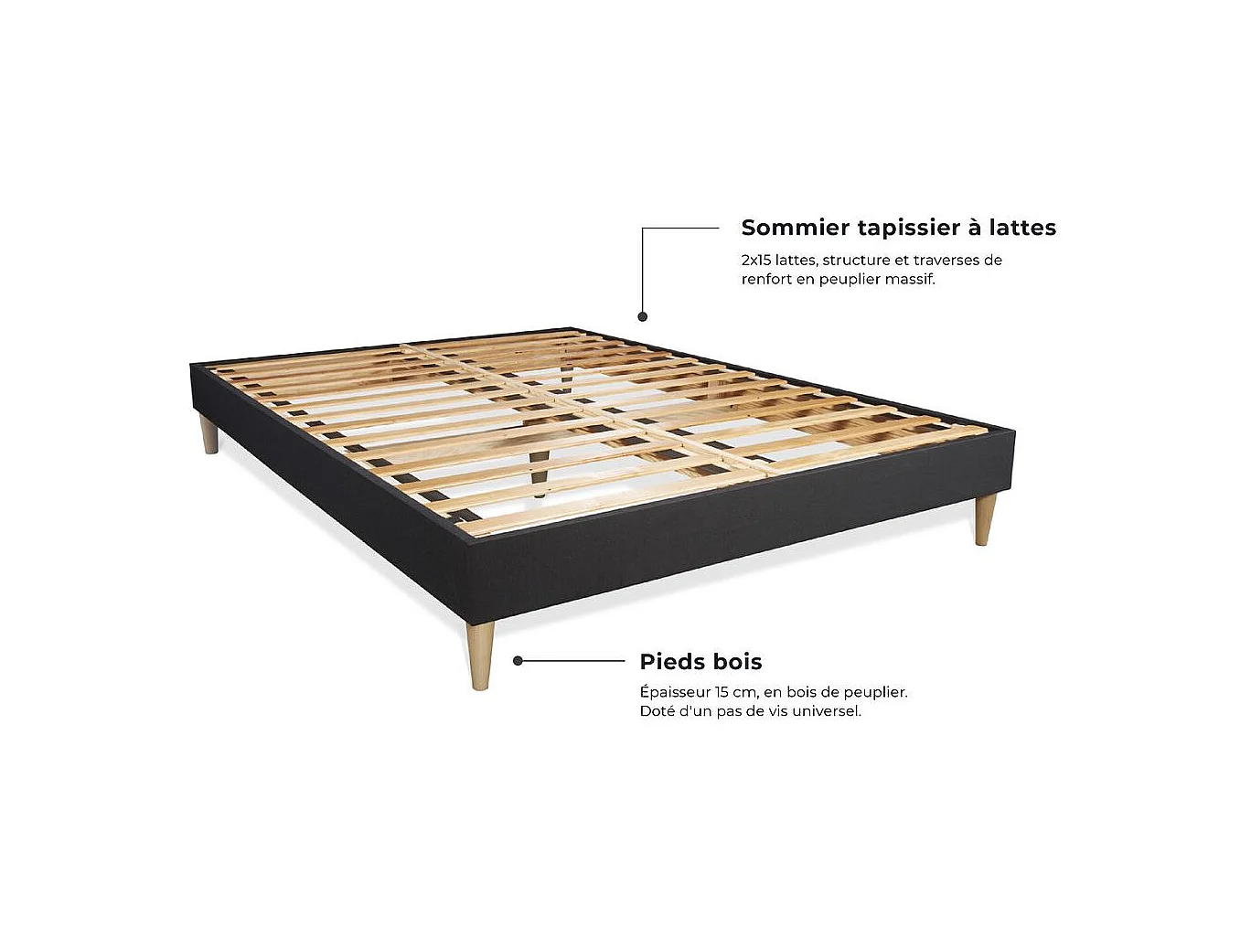 Pack matelas à mémoire de forme maxi épaisseur Balmoral 180x200cm + sommier KIT noir + 2 oreillers + 1 couette