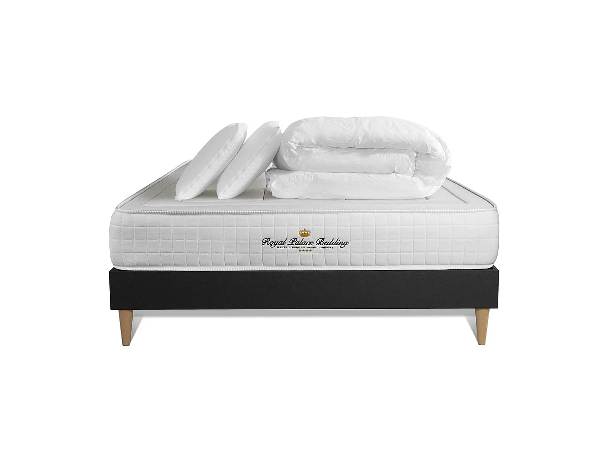 Pack matelas à mémoire de forme maxi épaisseur Balmoral 180x200cm + sommier KIT noir + 2 oreillers + 1 couette