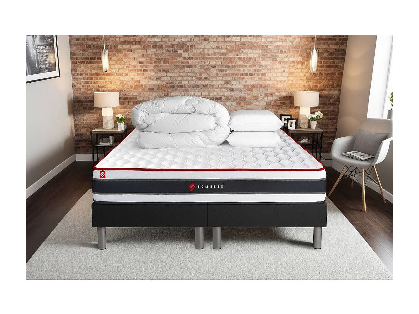 Pack matelas ENERGY 200x200 + double sommiers noir 100x200 + Couette + 2 oreillers