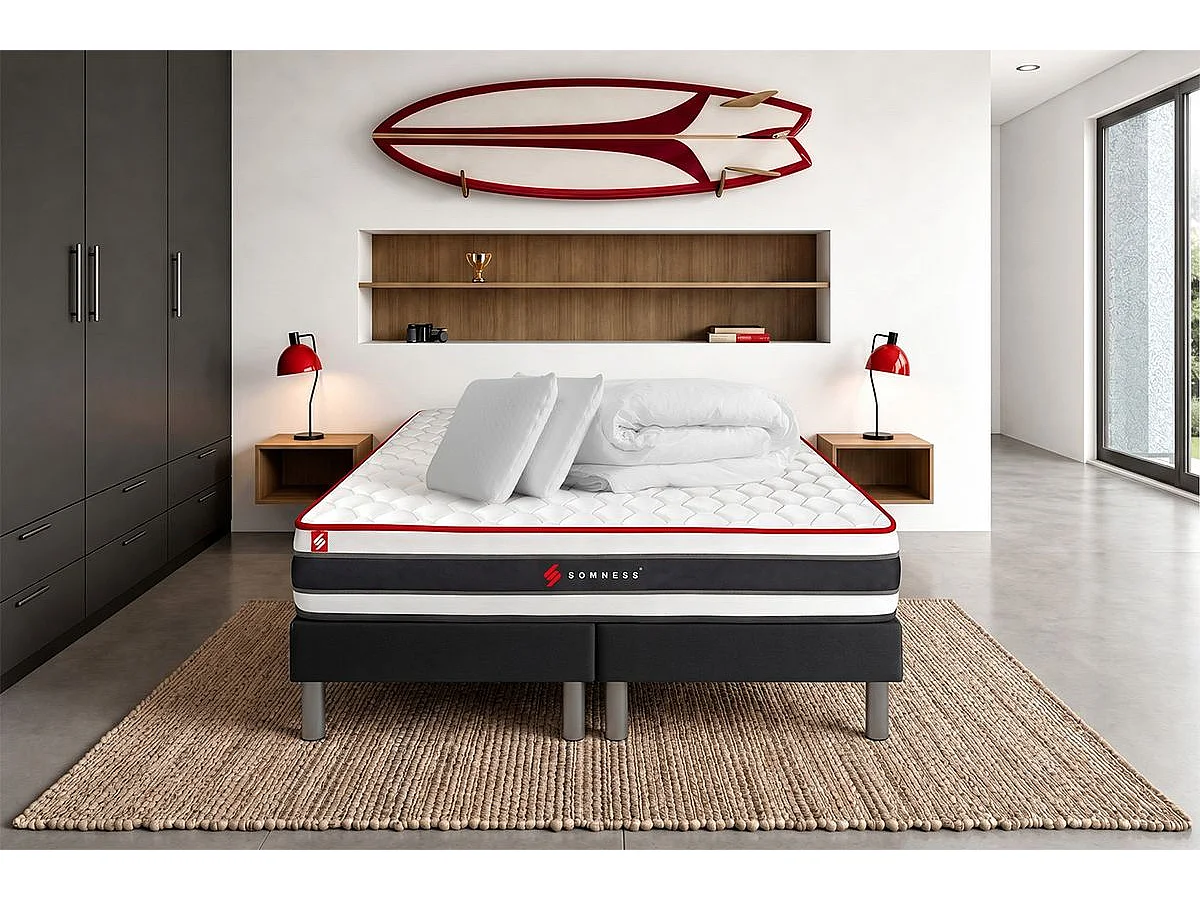Pack matelas ENERGY 200x200 + double sommiers noir 100x200 + Couette + 2 oreillers
