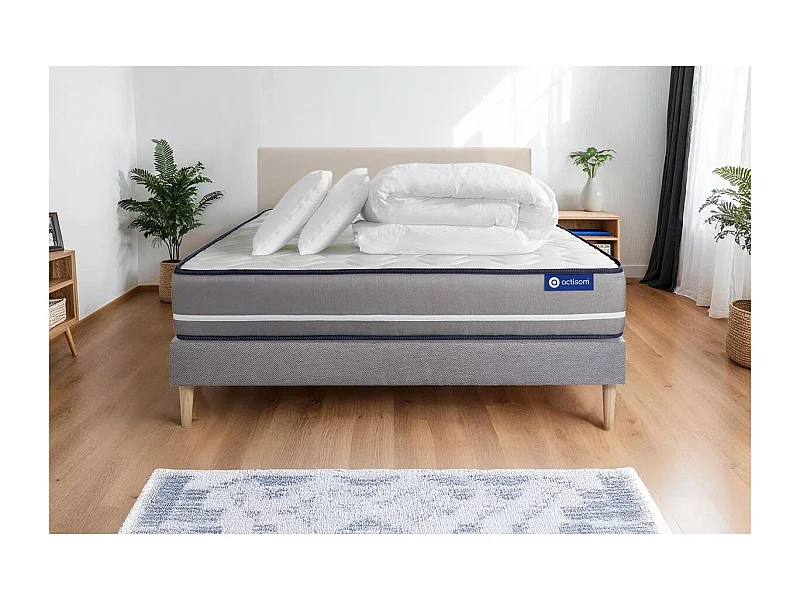 Pack prêt à dormir matelas Ressorts ensachés ACTIFLEX PUR 180x200 3zones de confort + sommier KIT gris + 2 oreillers+couette