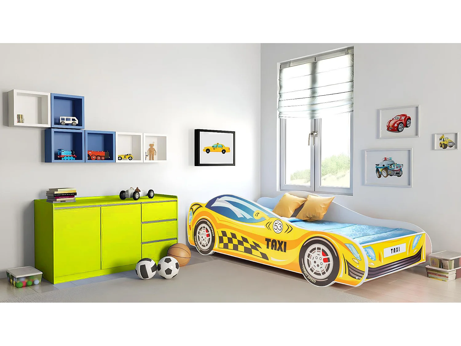Lit enfant mixte garçons et filles Taxi avec matelas et sommier inclus - 160 cm x 80 cm