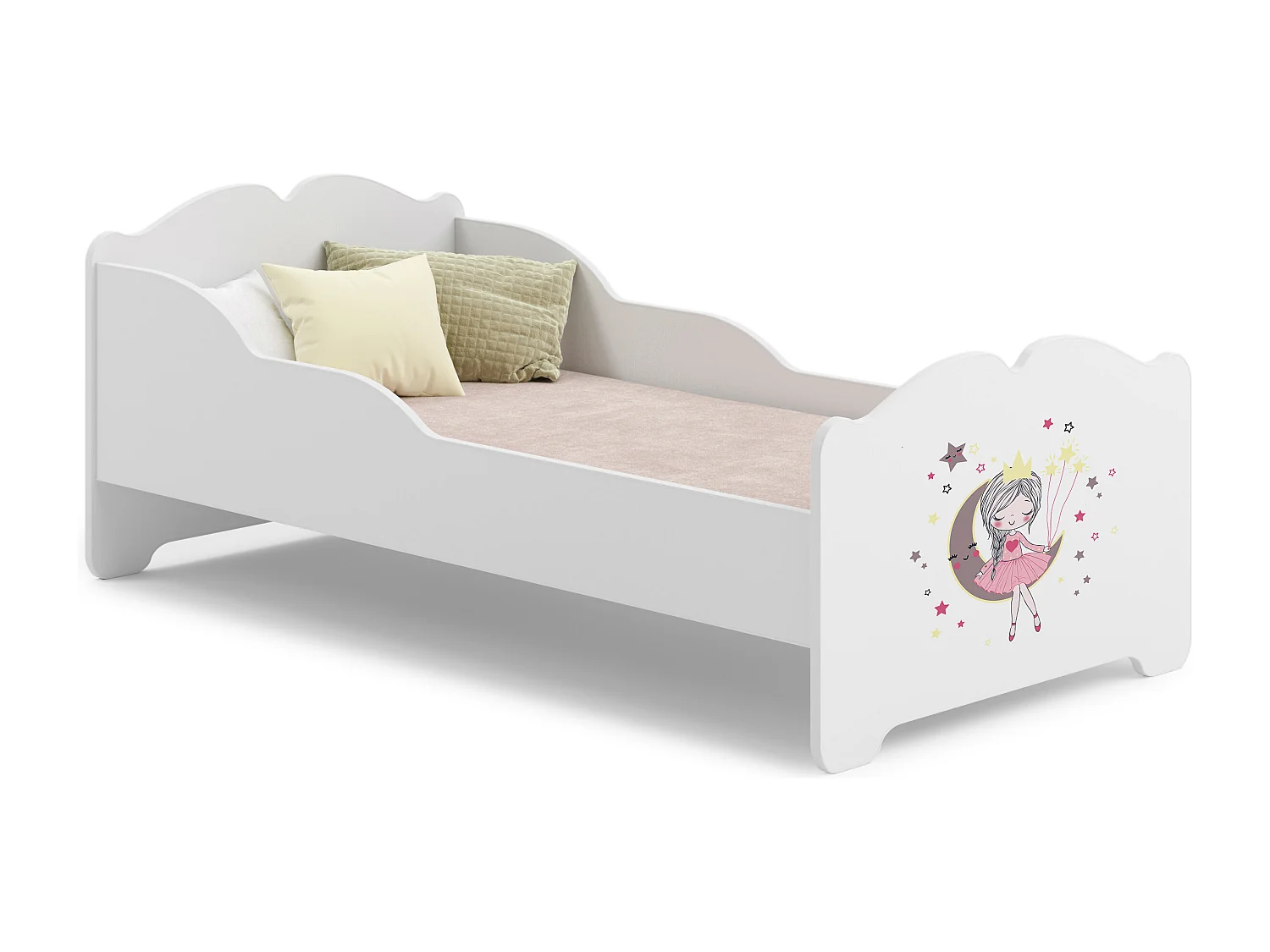Lit enfant fille ALMENA avec matelas et cadre inclus - Princesse et lune - 160 cm x 80 cm
