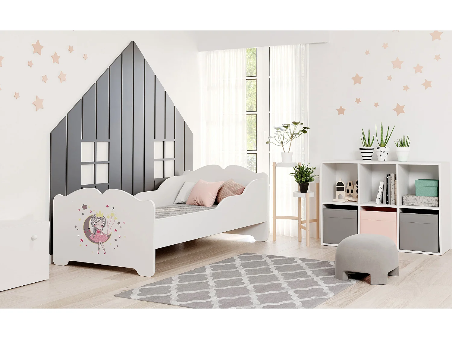 Lit enfant fille ALMENA avec matelas et cadre inclus - Princesse et lune - 160 cm x 80 cm