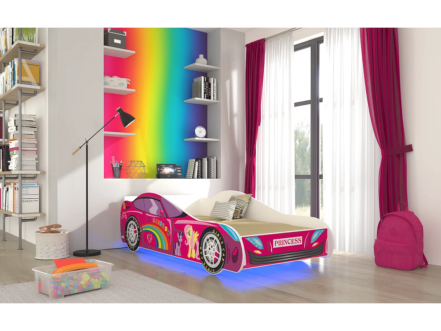 Lit enfant fille voiture licorne rose avec matelas et sommier inclus - 140 cm x 70 cm