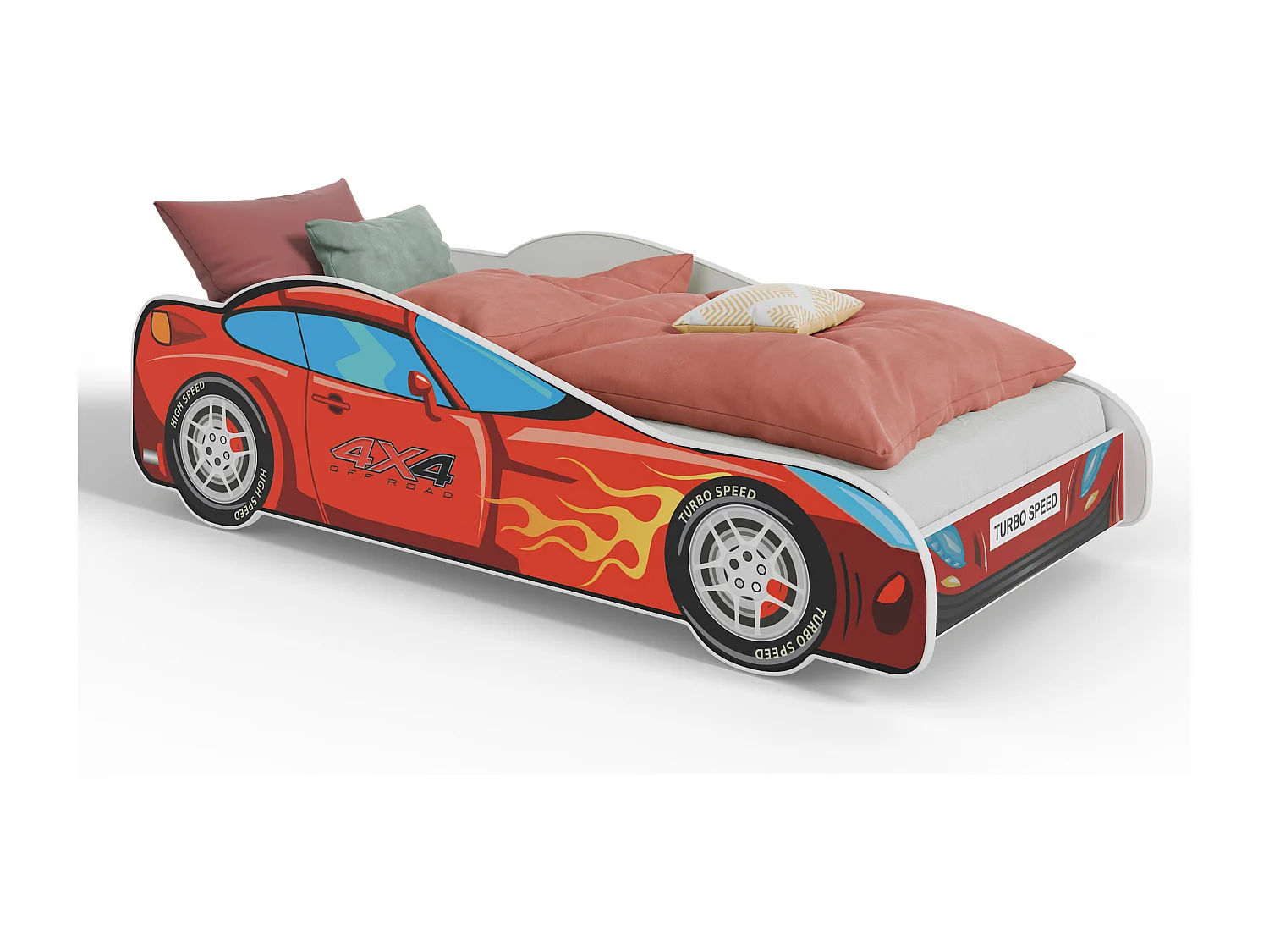 Lit enfant voiture rouge avec matelas et sommier inclus - 160 cm x 80 cm