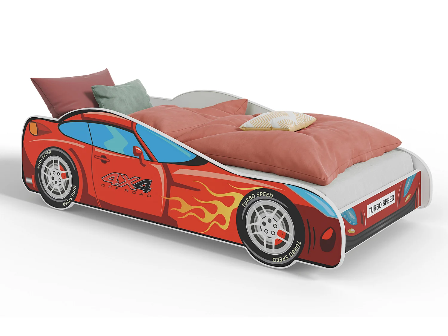 Lit enfant voiture rouge avec matelas et sommier inclus - 140 cm x 70 cm
