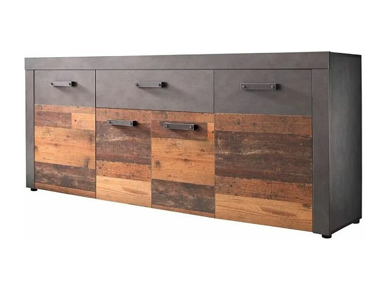 Buffet 4 portes 1 tiroir mélaminé chêne foncé et gris Orcel