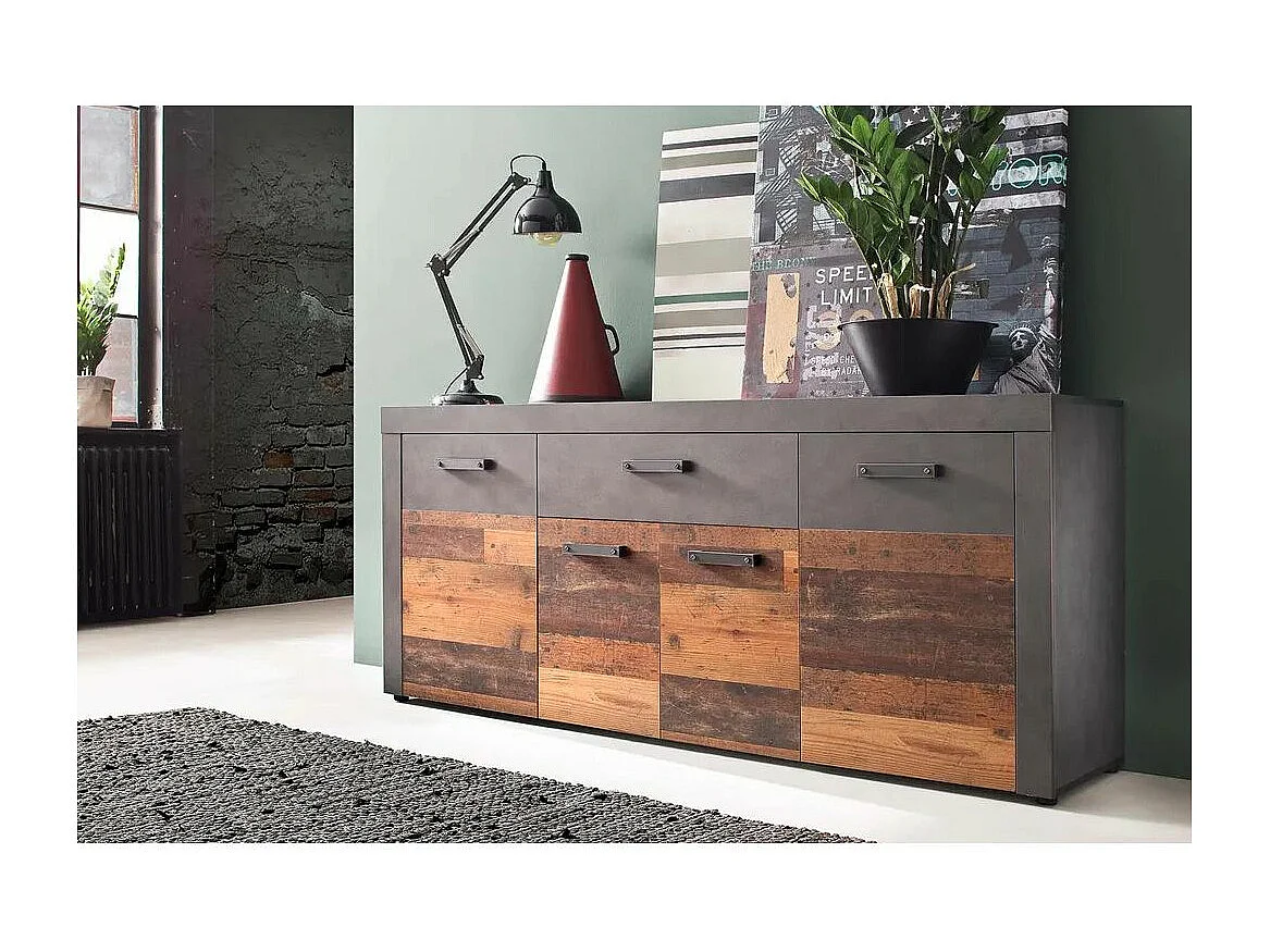 Dressoir 4 deuren 1 lade donker eiken en grijze melamine Orcel