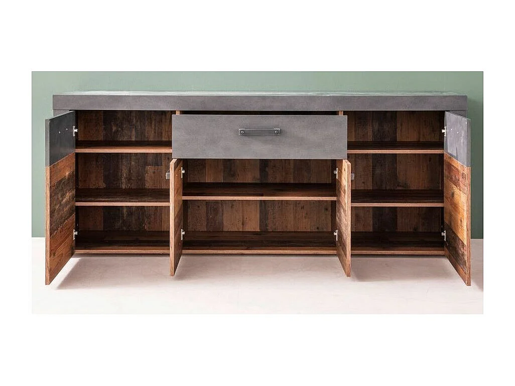 Dressoir 4 deuren 1 lade donker eiken en grijze melamine Orcel