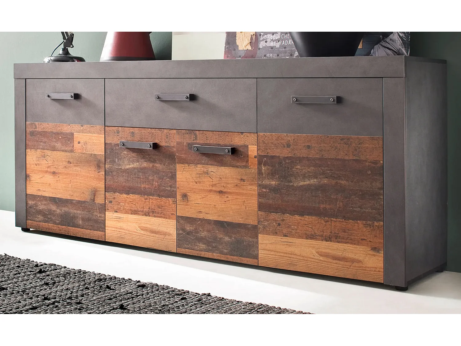 Dressoir 4 deuren 1 lade donker eiken en grijze melamine Orcel