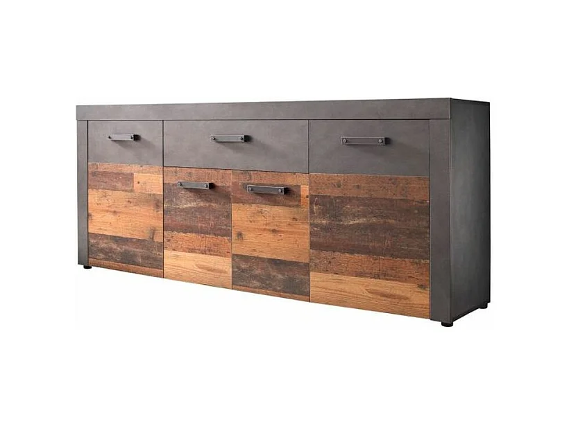 Buffet 4 portes 1 tiroir mélaminé chêne foncé et gris Orcel