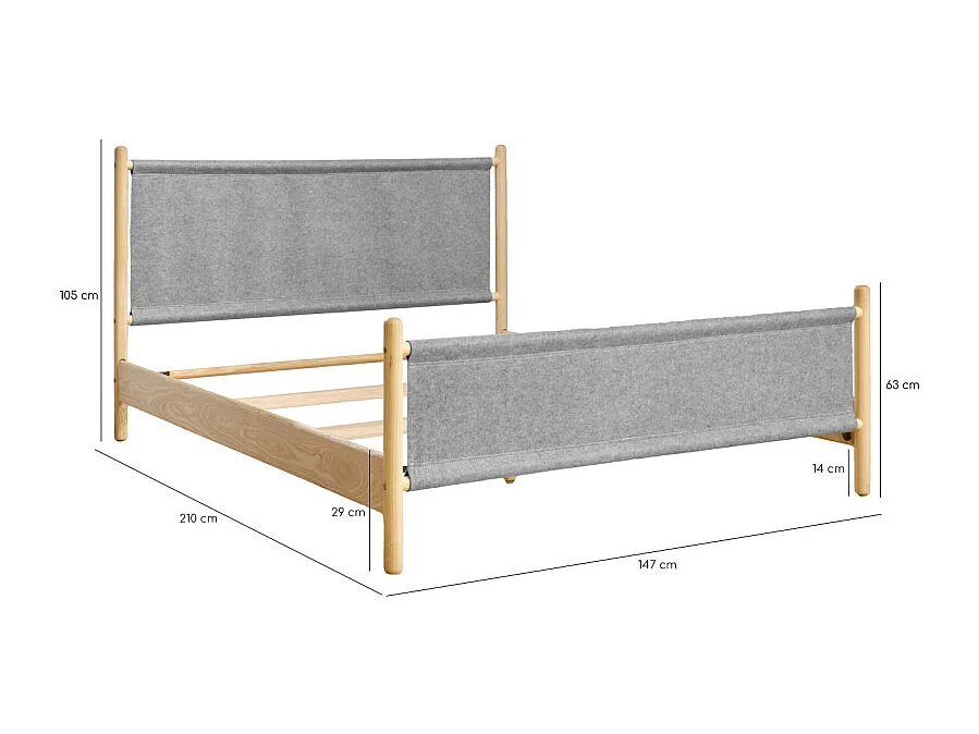 Lit 140 x 200 cm en bois de frêne et feutrine gris - AGDE 6599