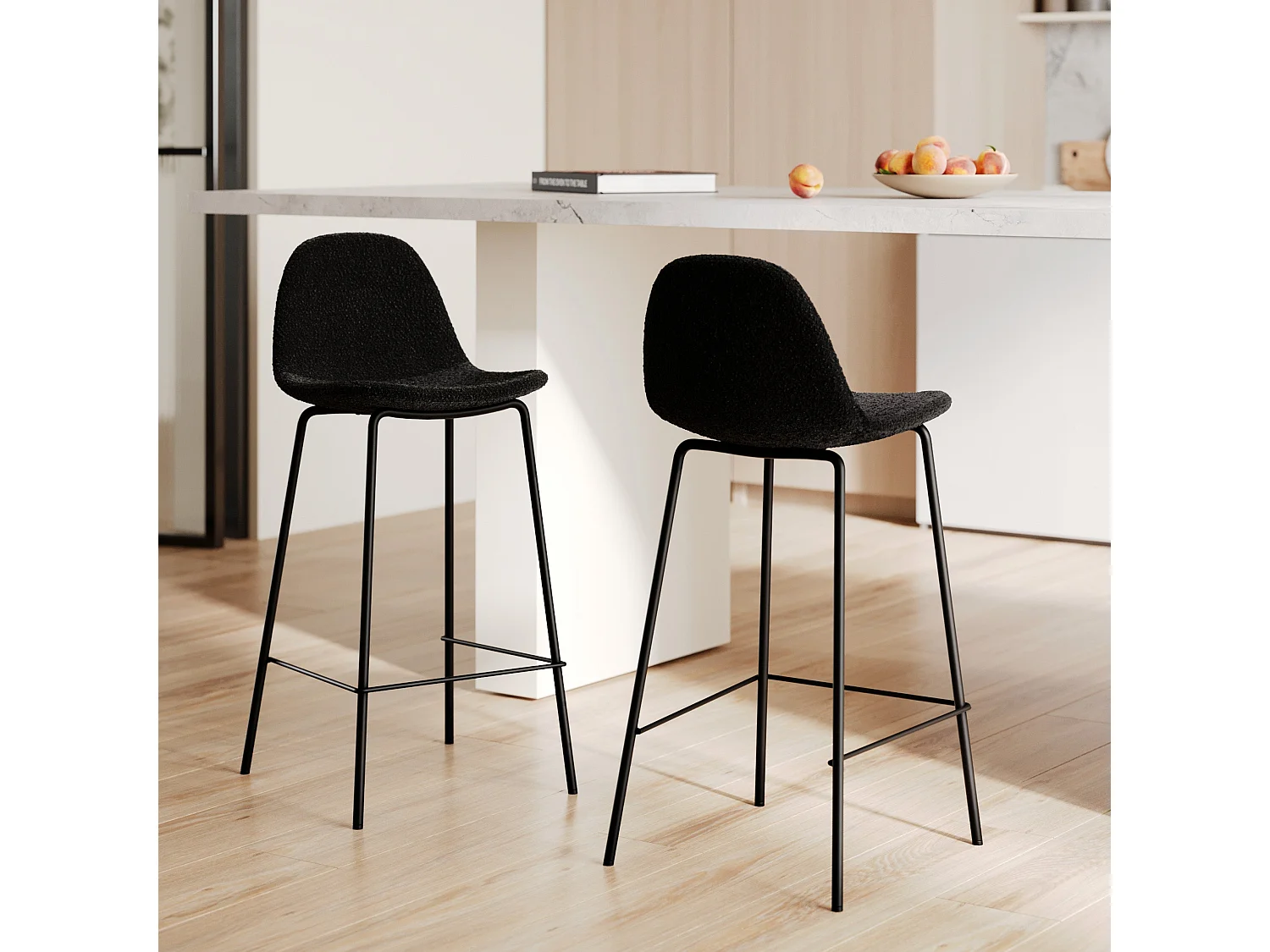 Lot de 2 chaises pour îlot central 65.5 cm en tissu bouclette noir - Henrik