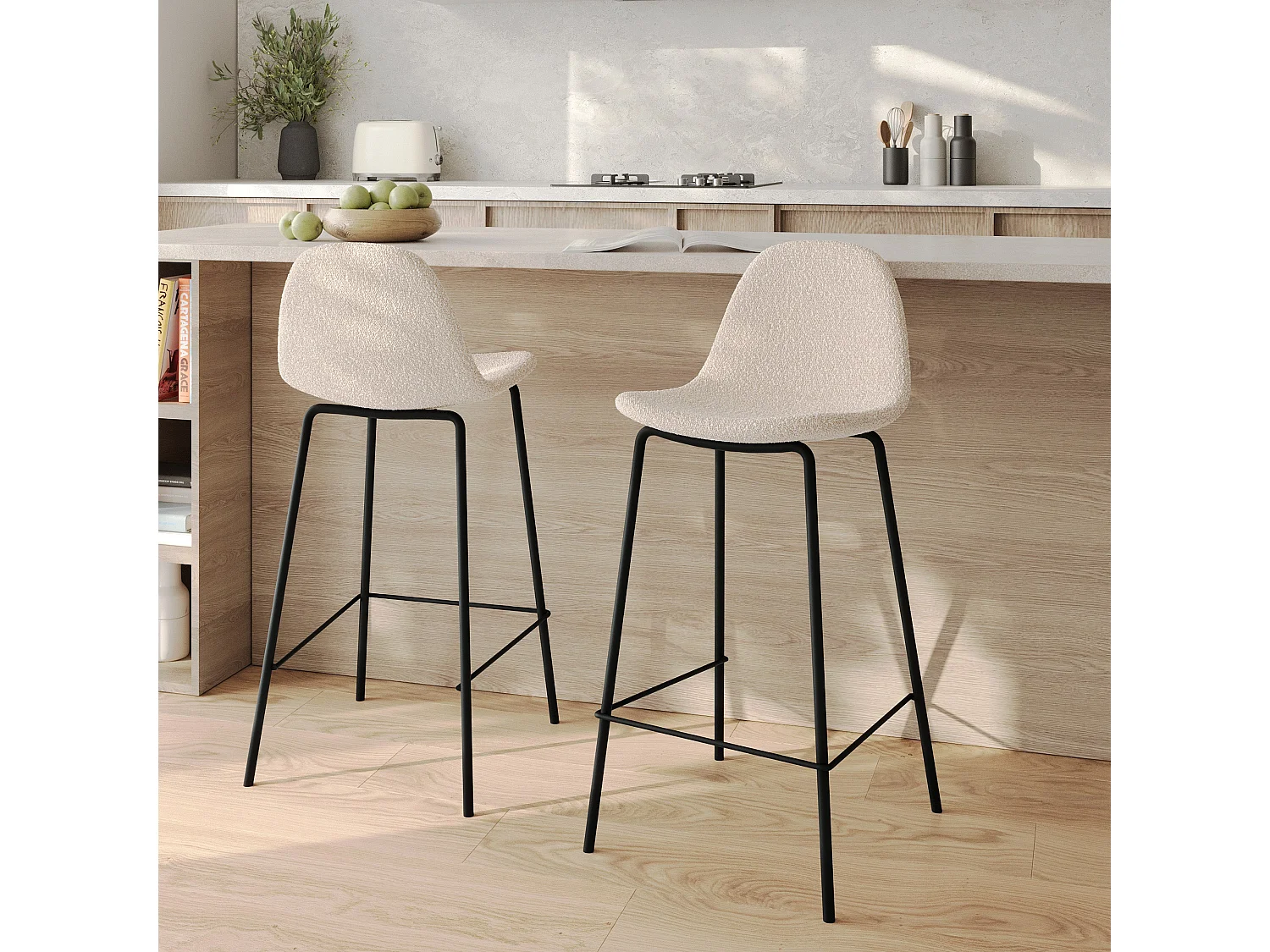 Lot de 2 chaises pour îlot central 65.5 cm en tissu bouclette beige - Henrik