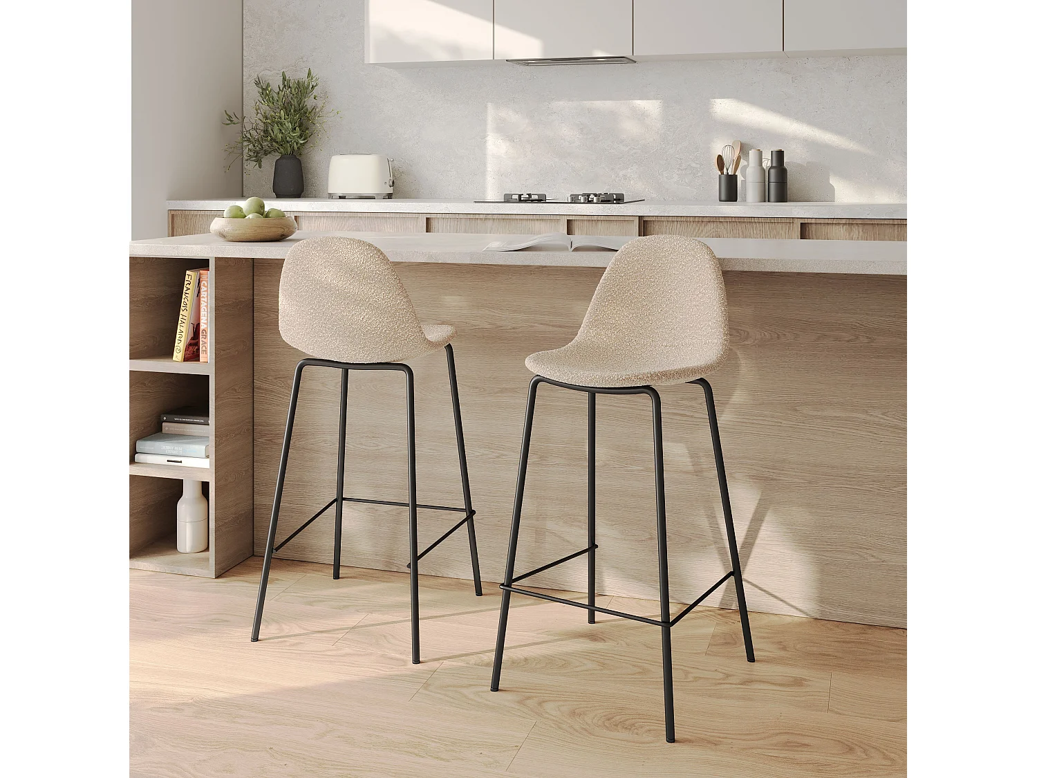 Lot de 2 chaises pour îlot central 65.5 cm en tissu bouclette beige - Henrik