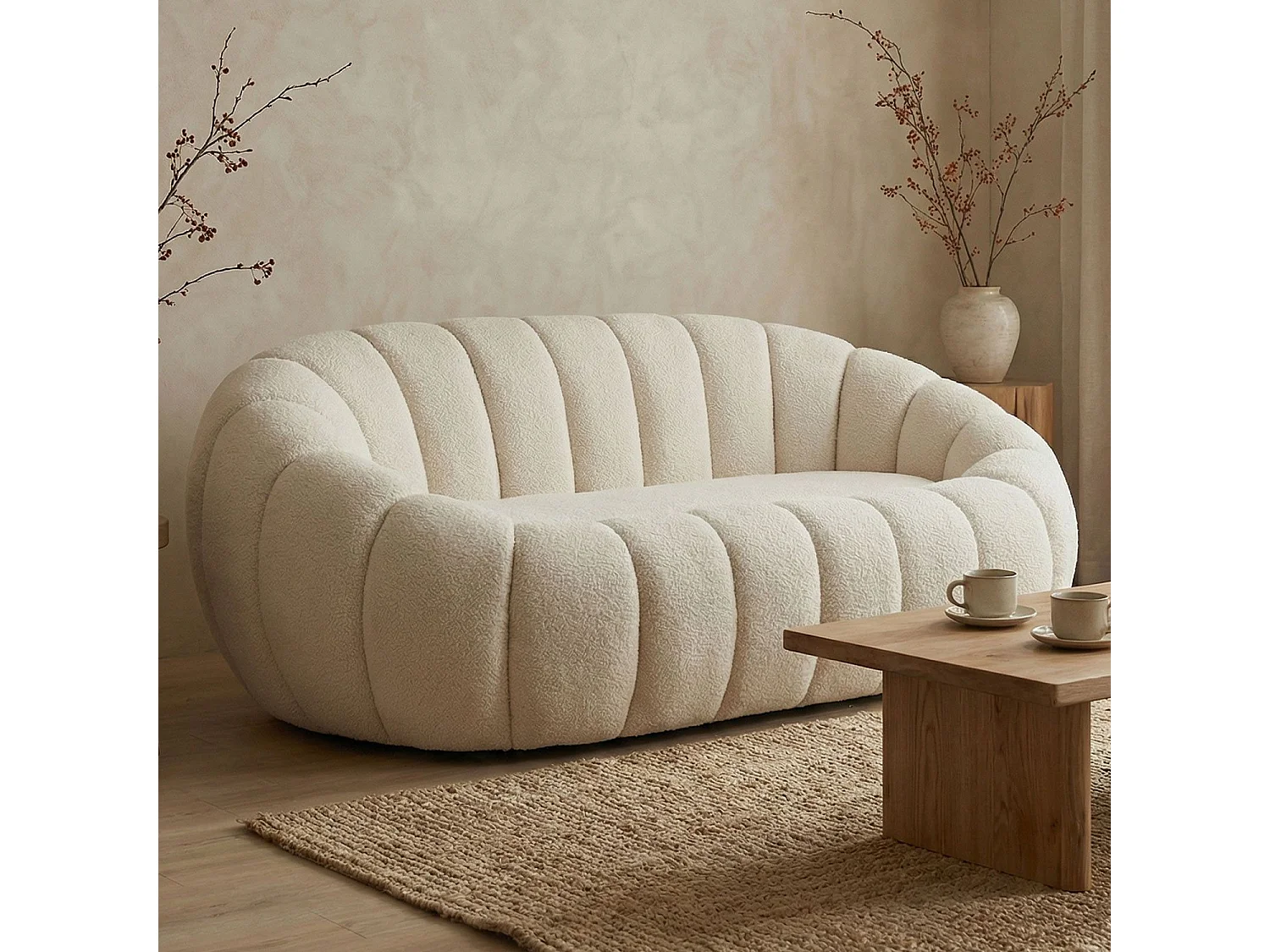 Canapé 2 Places design coquillage Horizan Tissu bouclette Crème