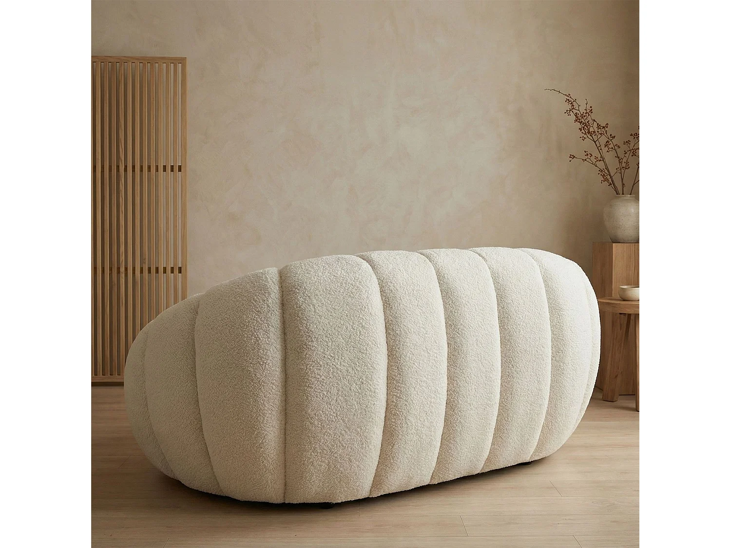 Canapé 2 Places design coquillage Horizan Tissu bouclette Crème