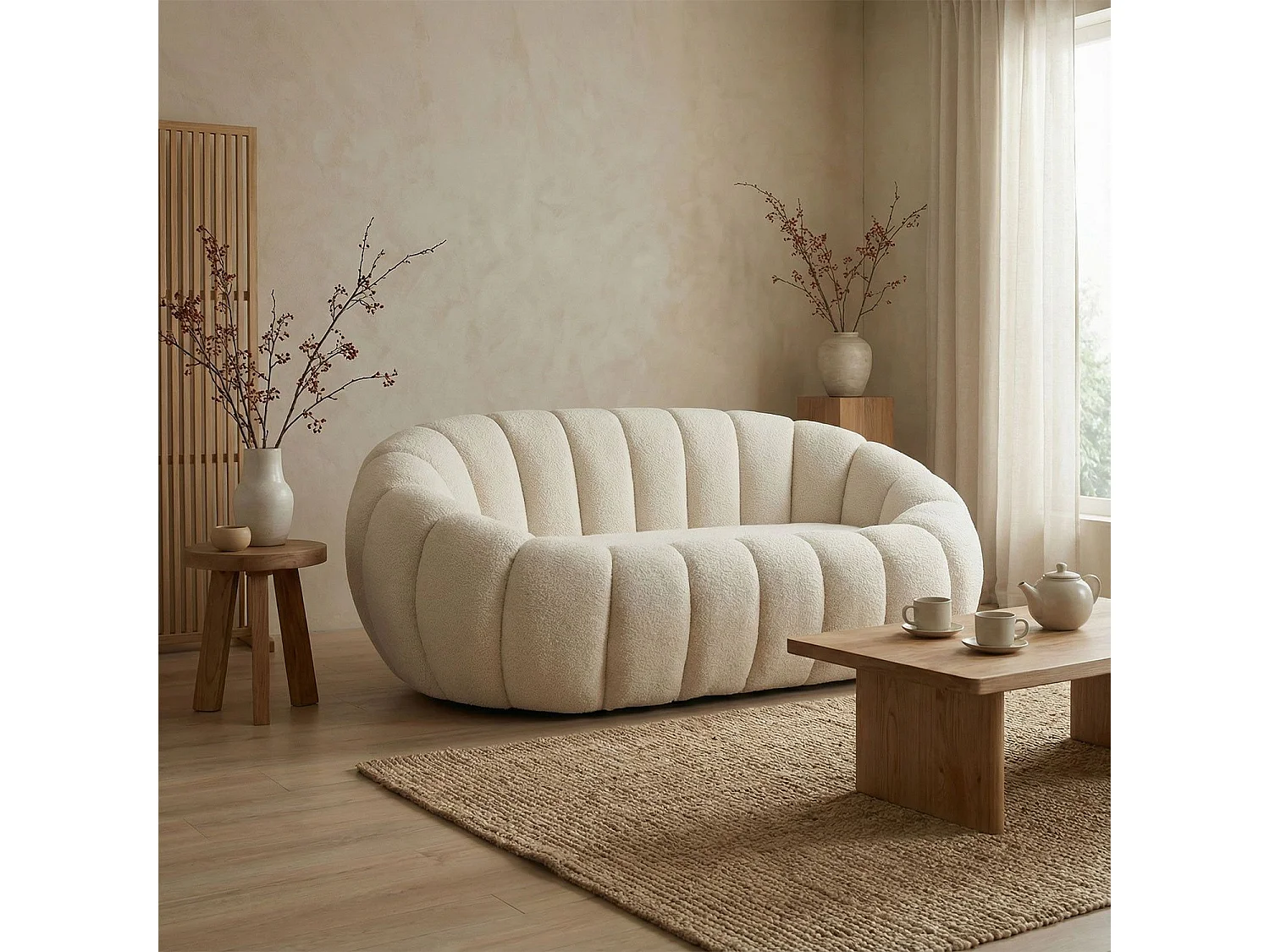 Canapé 2 Places design coquillage Horizan Tissu bouclette Crème