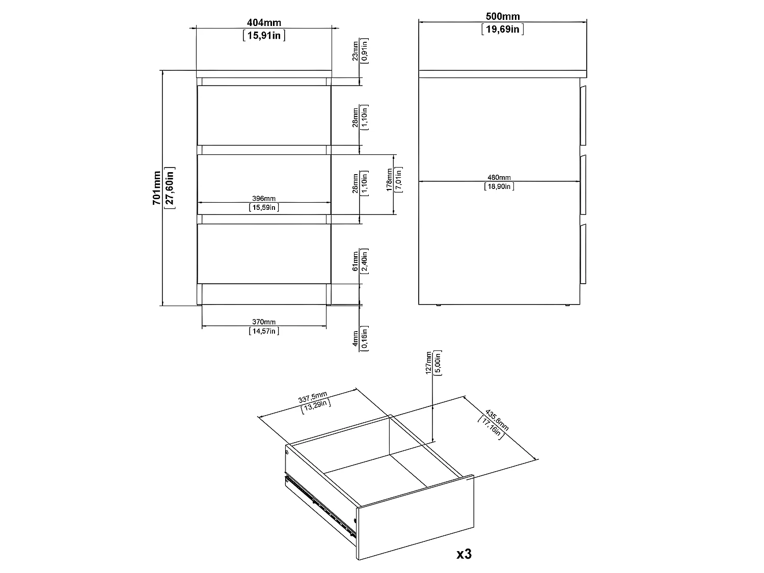 Nada Commode basse et étroite à 3 tiroirs, noir mat.