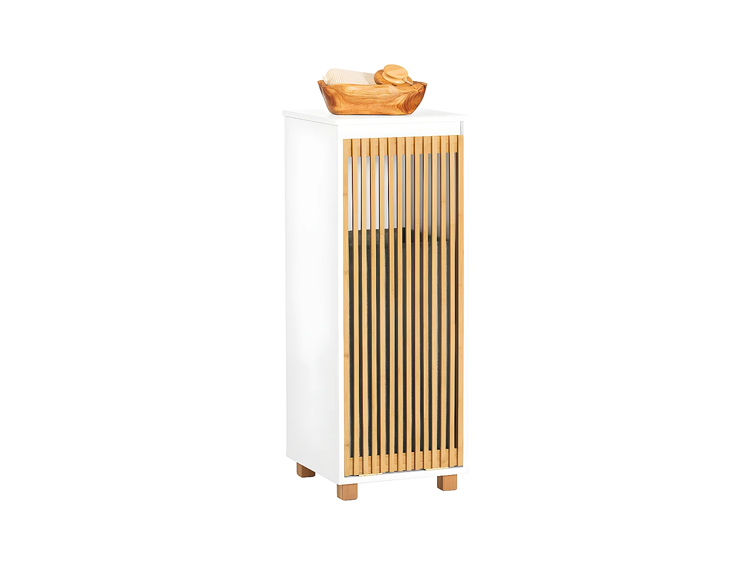SoBuy Armoire à Linge, Meuble Bas de Salle de Bain, Meuble de Rangement avec 1 Panier à Linge Amovible,  Corbeille à Linge, Porte en Bambou, 32x33x85 cm, BZR126-W