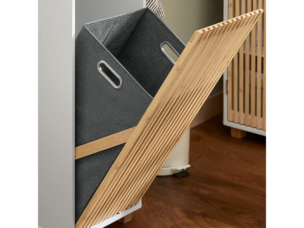 SoBuy Waskast, badkameronderkast, opbergkast met 1 afneembare wasmand, wasmand, bamboedeur, 32x33x85 cm, BZR126-W