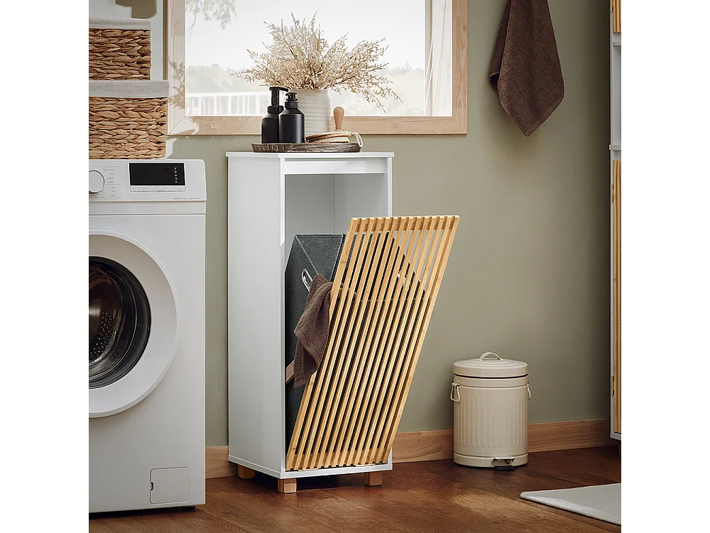 SoBuy Waskast, badkameronderkast, opbergkast met 1 afneembare wasmand, wasmand, bamboedeur, 32x33x85 cm, BZR126-W