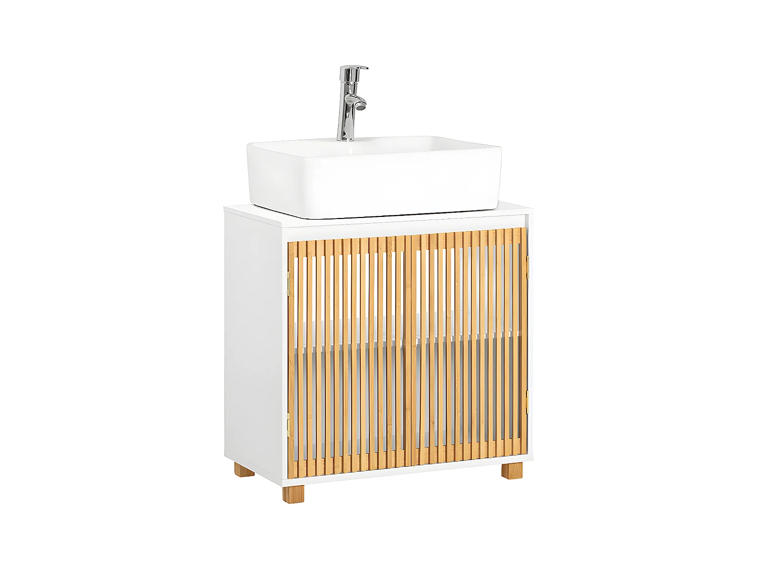 SoBuy BZR125-W Meuble sous Lavabo de Salle de Bain, Meuble sous Vasque à 2 Portes en Bambou, Meuble évier de Cuisine