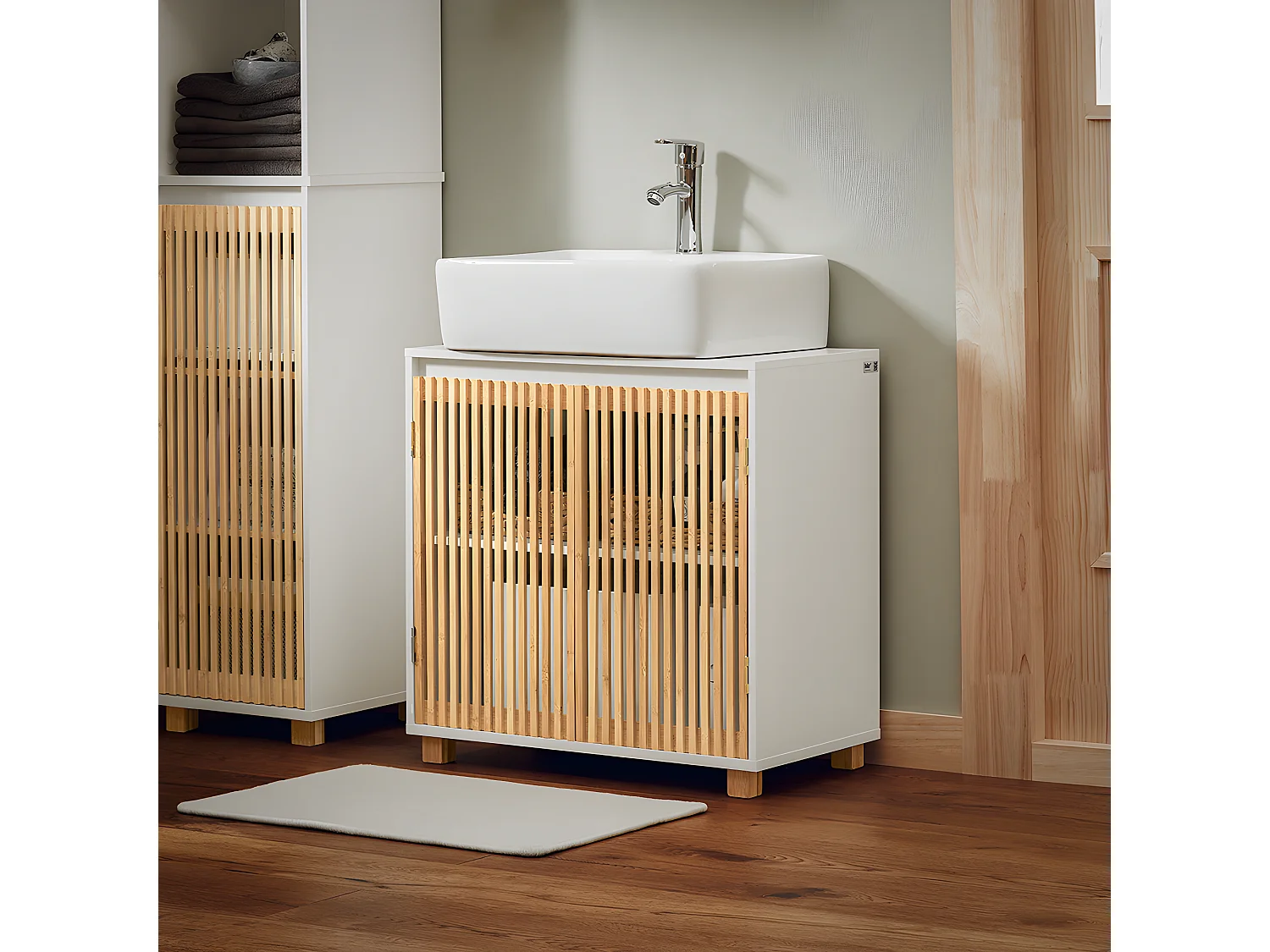 SoBuy BZR125-W Meuble sous Lavabo de Salle de Bain, Meuble sous Vasque à 2 Portes en Bambou, Meuble évier de Cuisine