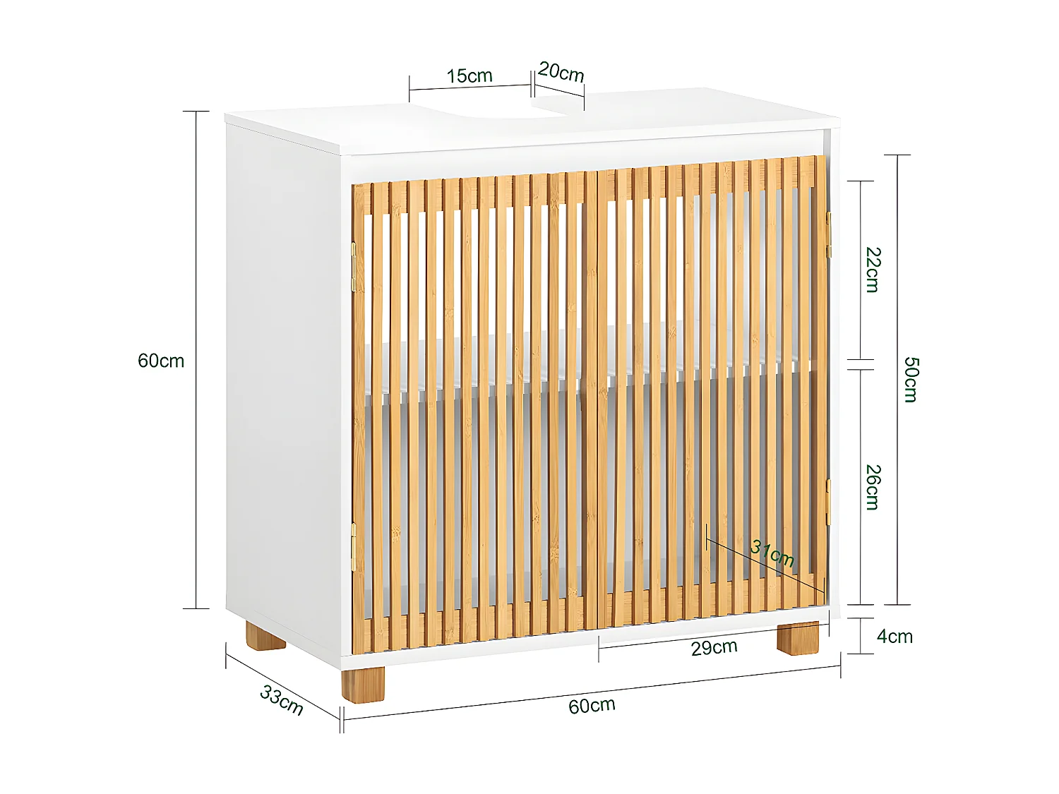 SoBuy BZR125-W Meuble sous Lavabo de Salle de Bain, Meuble sous Vasque à 2 Portes en Bambou, Meuble évier de Cuisine