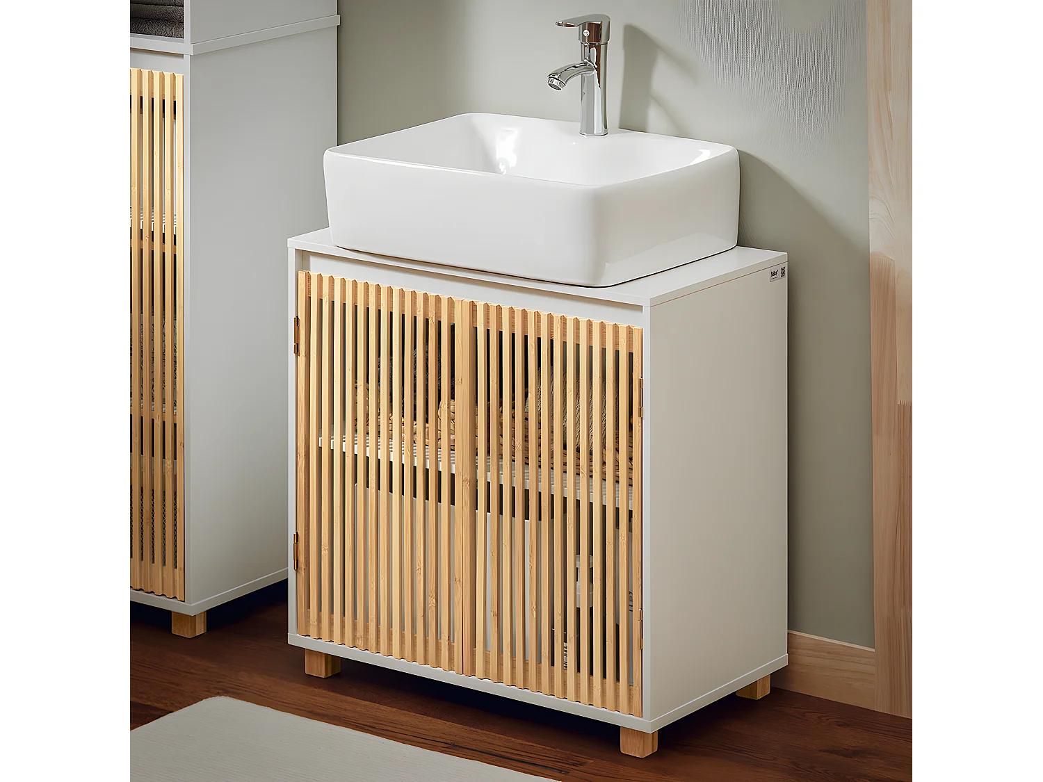 SoBuy BZR125-W Meuble sous Lavabo de Salle de Bain, Meuble sous Vasque à 2 Portes en Bambou, Meuble évier de Cuisine