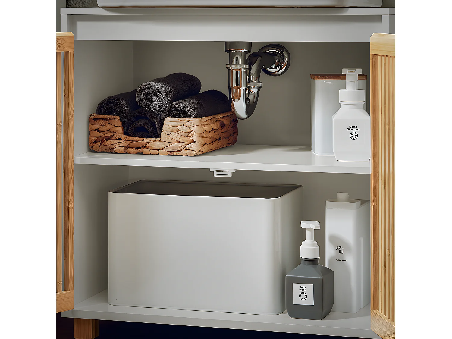 SoBuy BZR125-W Meuble sous Lavabo de Salle de Bain, Meuble sous Vasque à 2 Portes en Bambou, Meuble évier de Cuisine