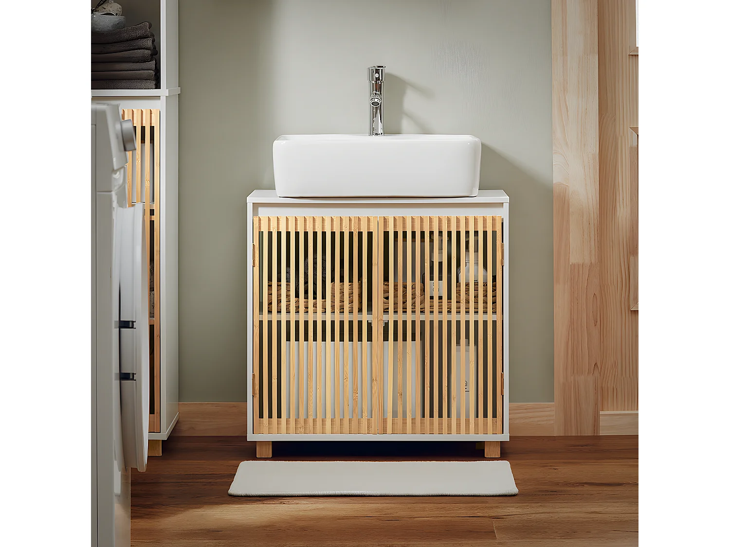 SoBuy BZR125-W Meuble sous Lavabo de Salle de Bain, Meuble sous Vasque à 2 Portes en Bambou, Meuble évier de Cuisine