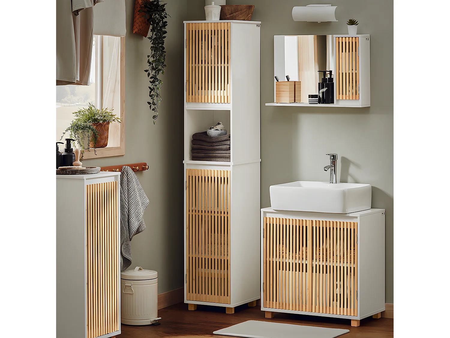 SoBuy BZR125-W Meuble sous Lavabo de Salle de Bain, Meuble sous Vasque à 2 Portes en Bambou, Meuble évier de Cuisine