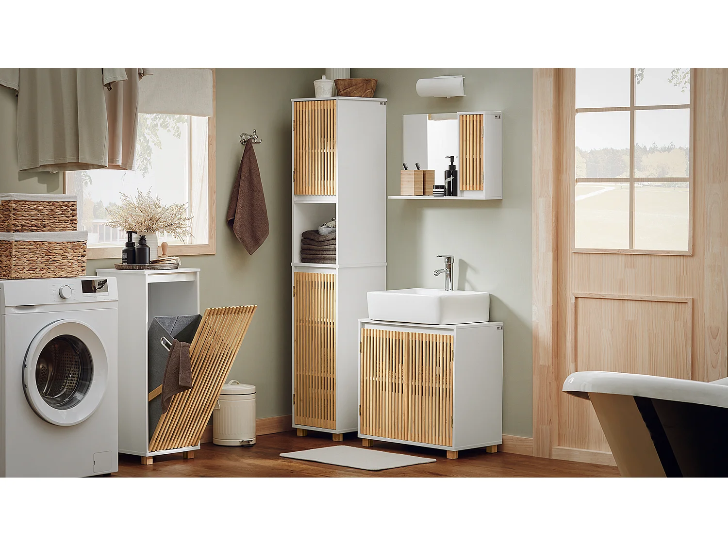 SoBuy BZR125-W Meuble sous Lavabo de Salle de Bain, Meuble sous Vasque à 2 Portes en Bambou, Meuble évier de Cuisine