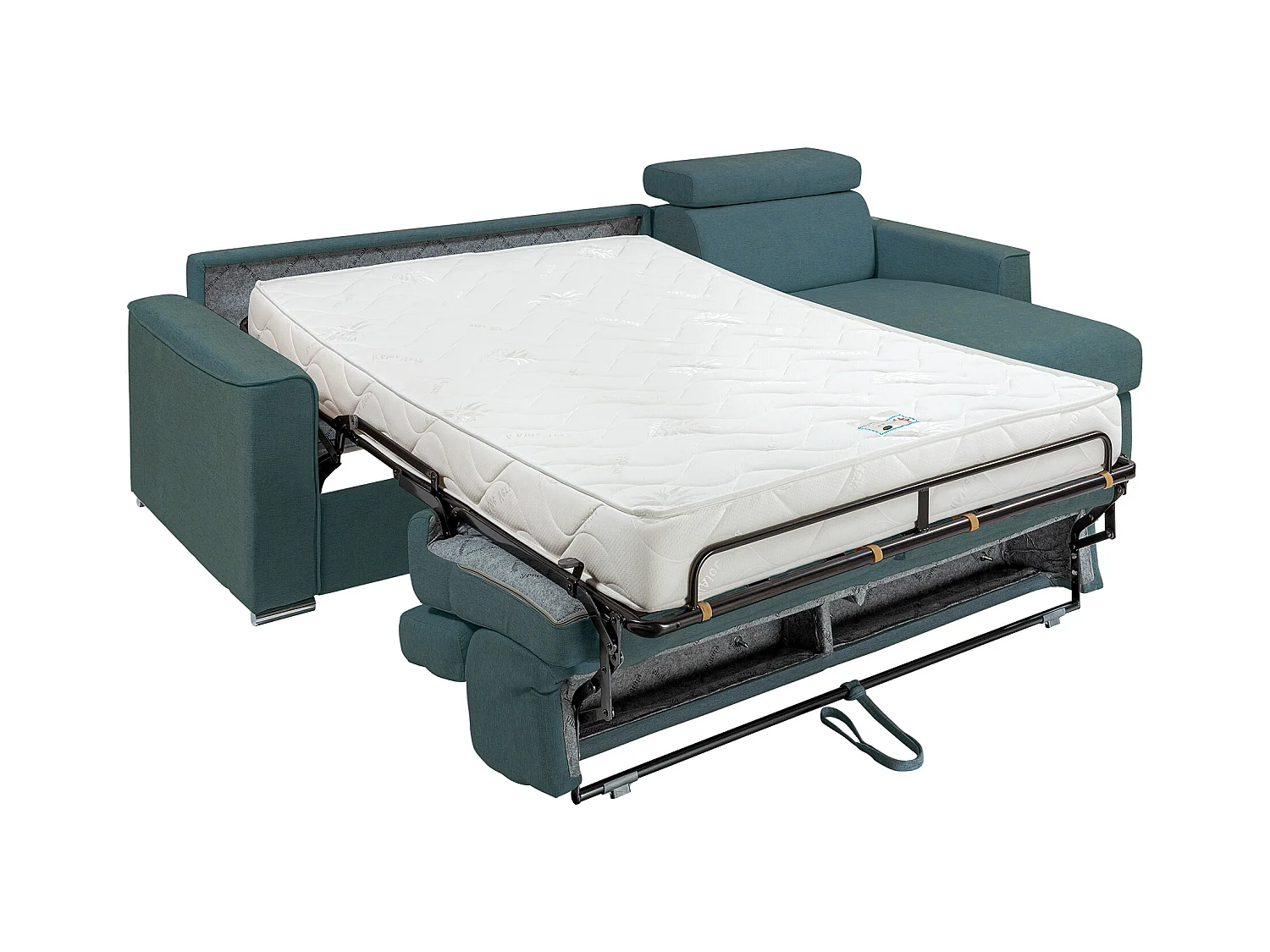 Omkeerbare, snel om te bouwen slaapbank met hoek in blauwe stof - Bed van 140 cm - Matras 18 cm - VIZIR