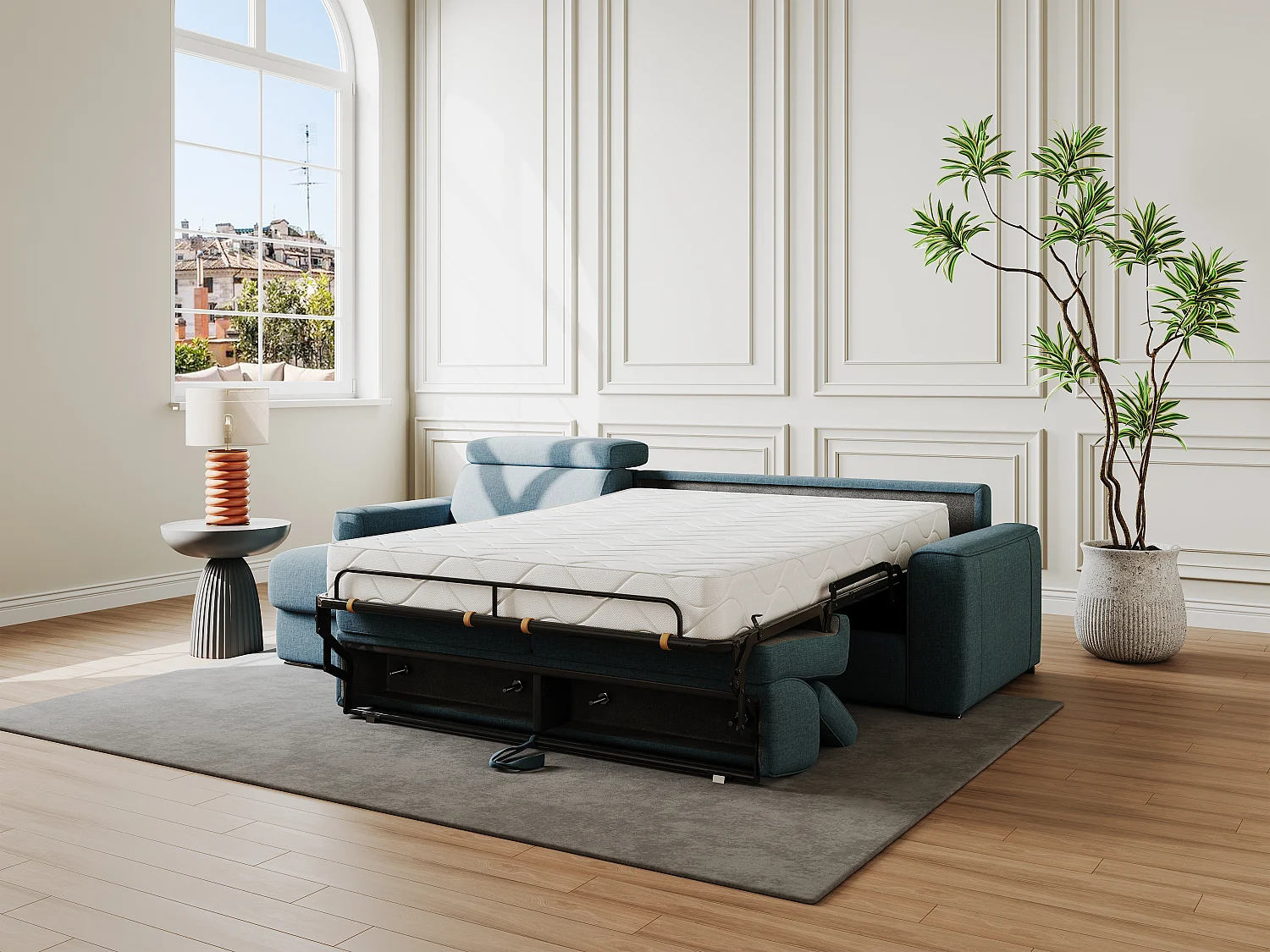 Canapé d'angle réversible convertible express en tissu bleu - Couchage 140 cm - Matelas 18 cm - VIZIR