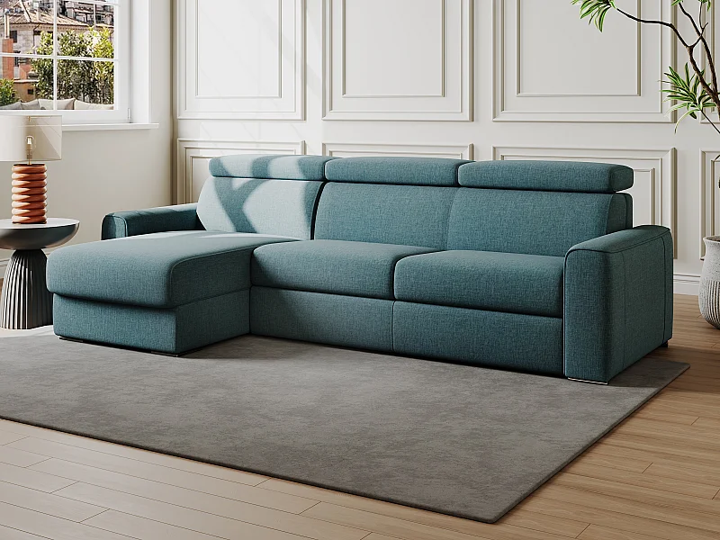 Ecksofa mit Matratze - Ecke wechselbar - Stoff - Blau - Liegefläche mit Lattenrost mit breiten Latten 140 cm - Matratze 18 cm - VIZIR