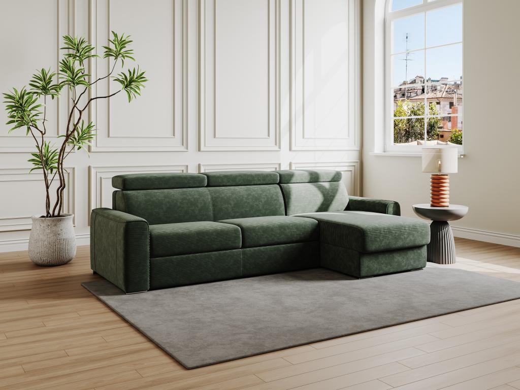 Canapé d'angle réversible convertible express en velours côtelé vert - Couchage à lattes larges 140 cm - Matelas 18 cm - VIZIR