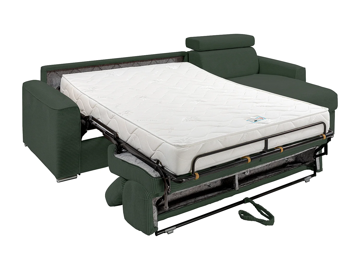 Sofá cama rinconera reversible express de pana verde - Cama en listones anchos de 140 cm - Colchón de 18 cm - VIZIR