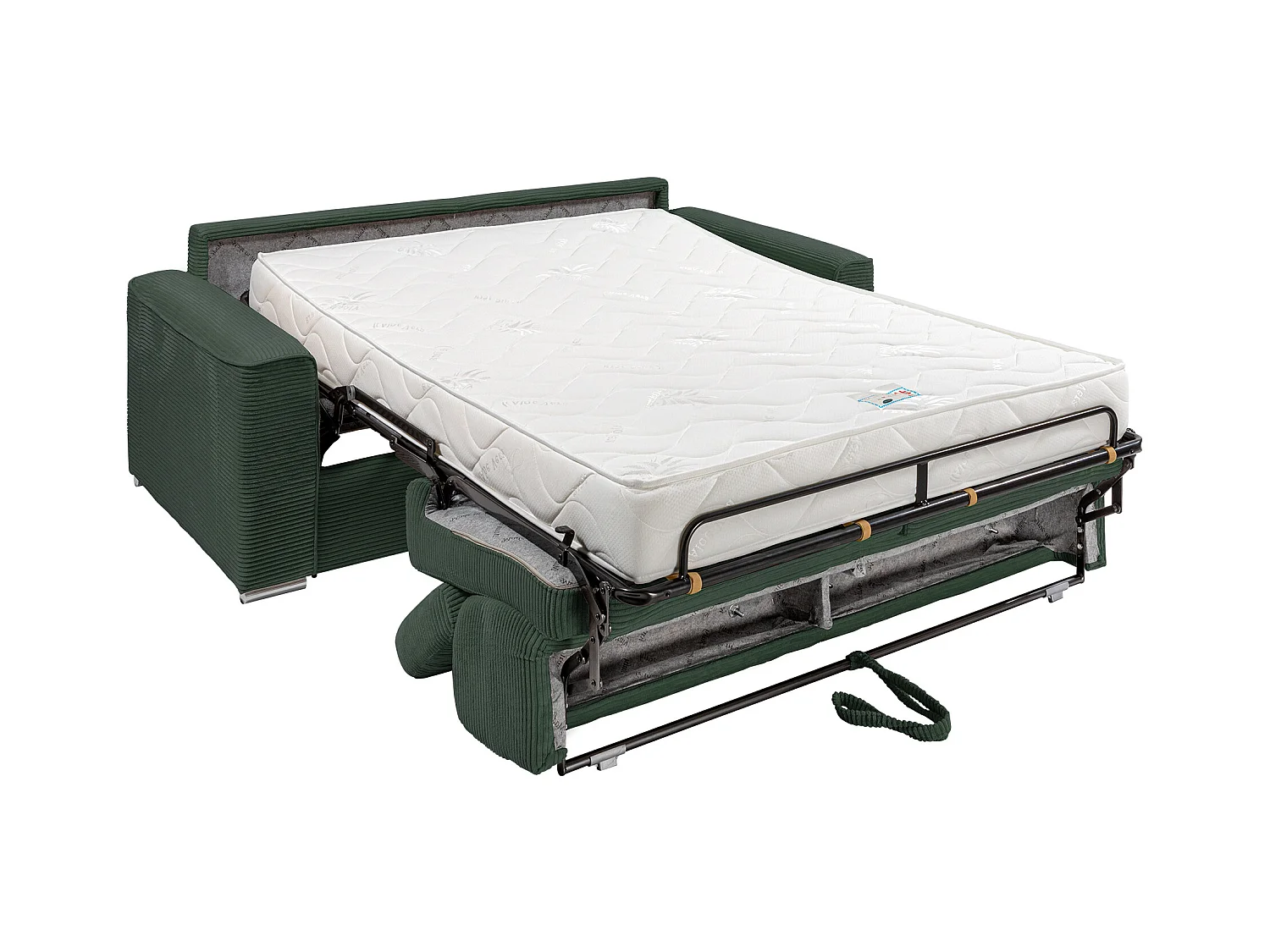 Express-driezitsslaapbank van groen ribfluweel - Bed met brede latten 140 cm - Matras 18 cm - VIZIR