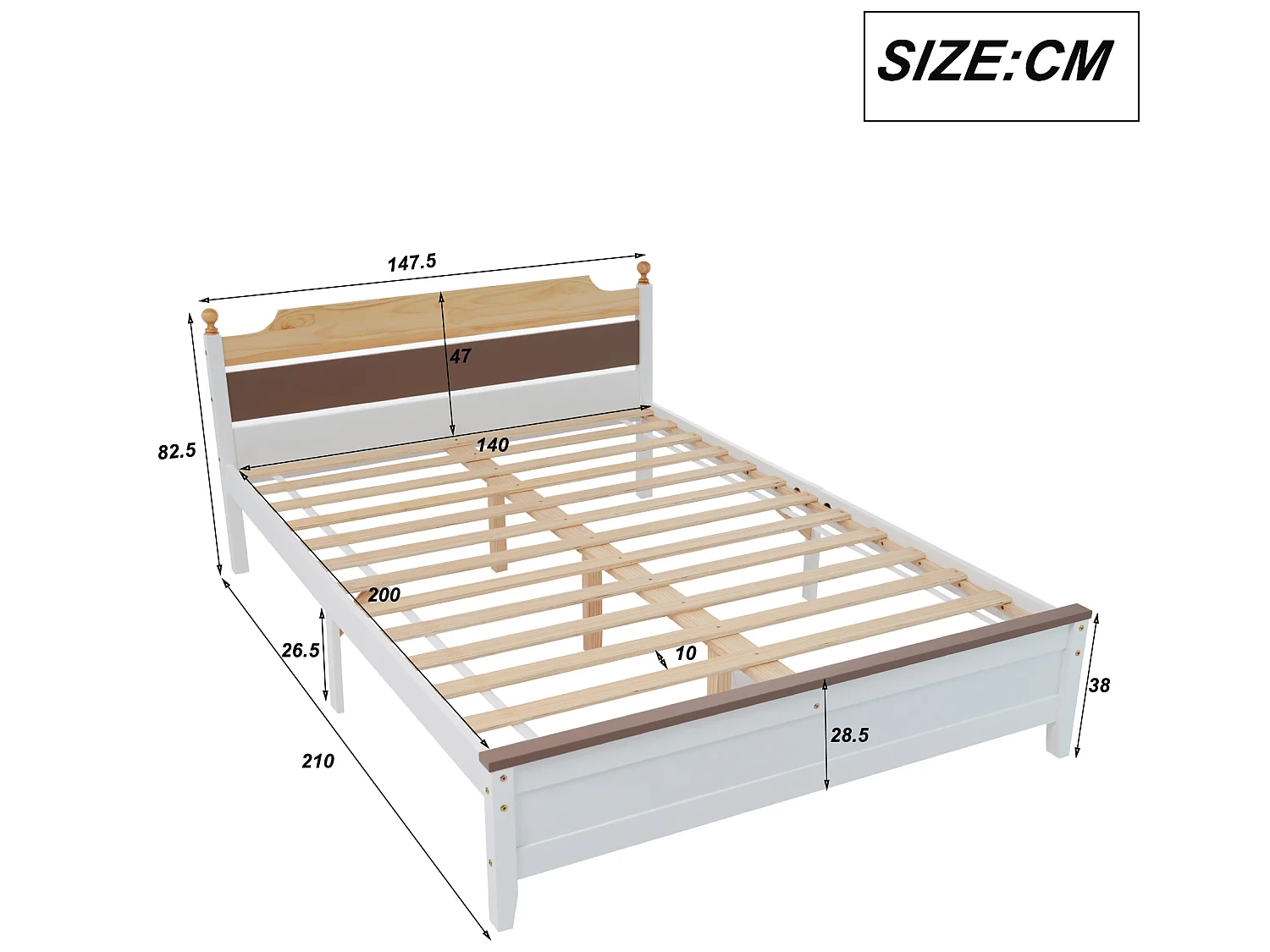 Lit simple 140x200cm cadre en bois - Marron
