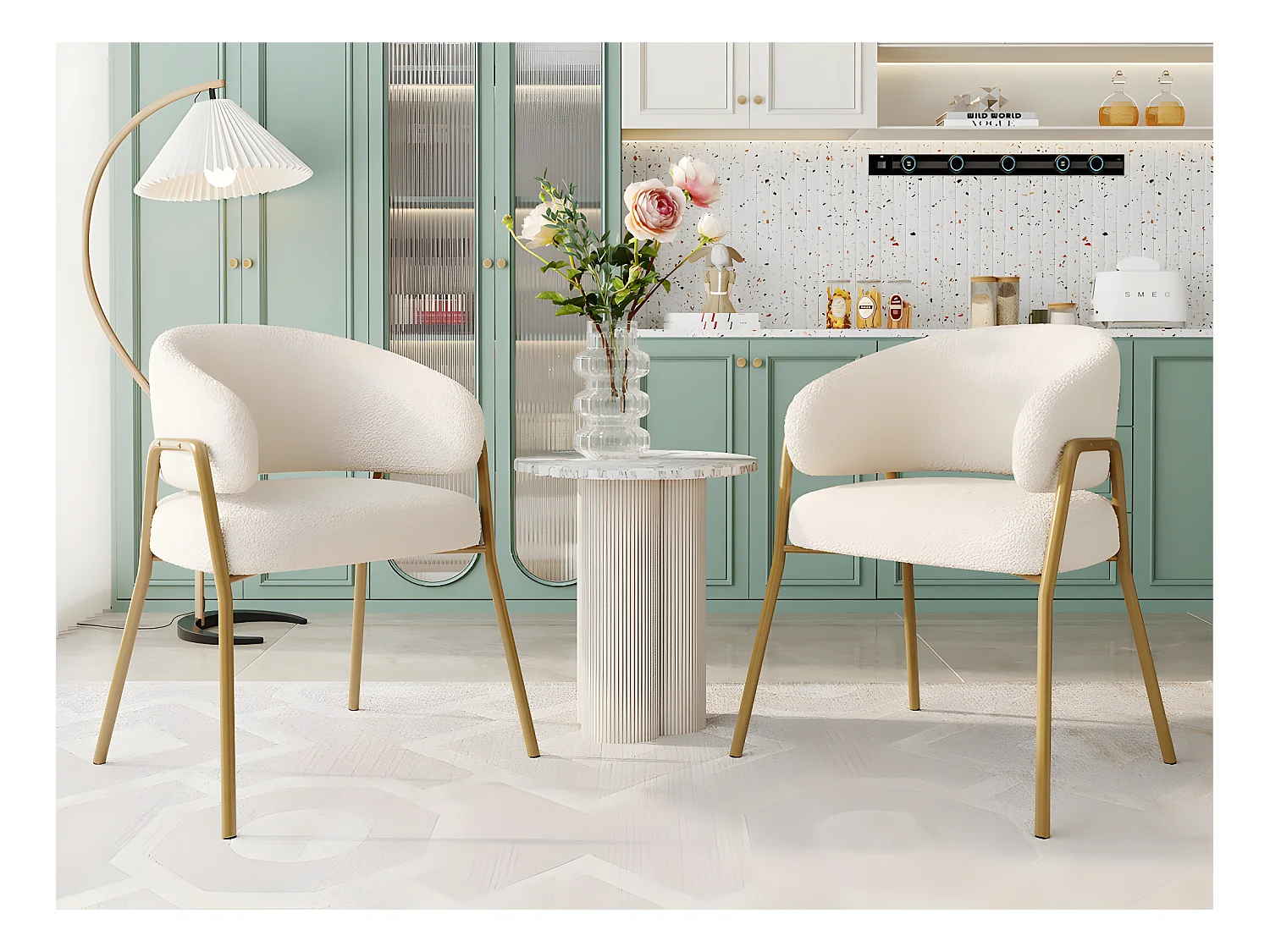 Lot de 2 chaises - tissu en sherpa - pieds dorés - beige