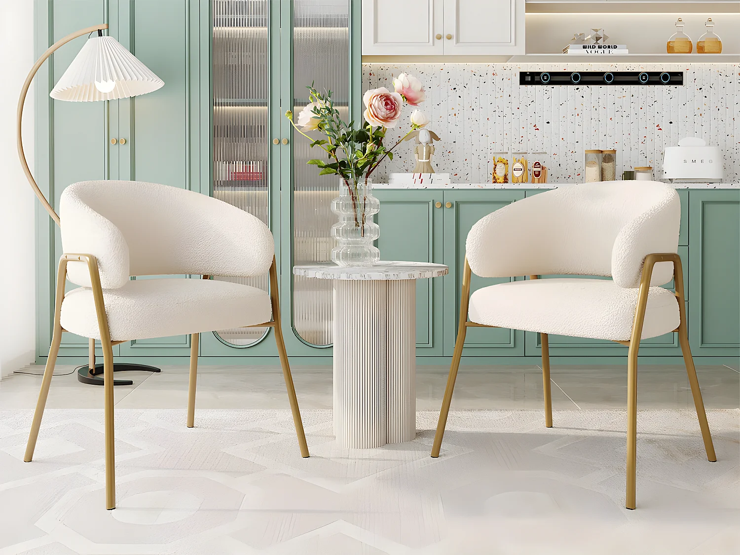 Lot de 2 chaises - tissu en sherpa - pieds dorés - beige