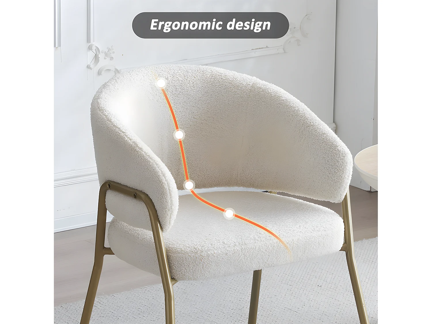 Chaise - tissu en sherpa - pieds dorés - beige