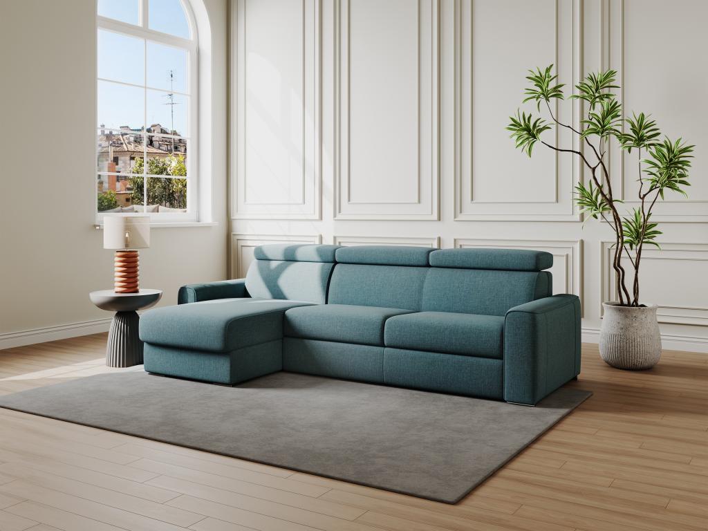 Canapé d'angle réversible convertible express en tissu bleu - Couchage 140 cm - Matelas 22 cm mémoire de forme - VIZIR